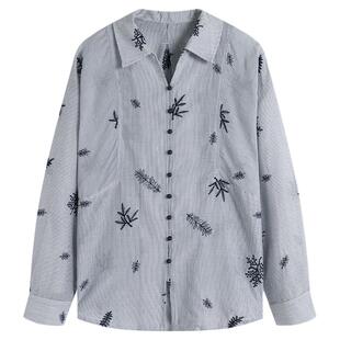 弥古蓝色条纹衬衫上衣女春季正肩长袖高级感刺绣纯棉打底内搭衬衣