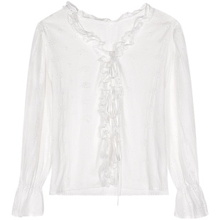 今屿花花 白色v领衬衫女夏款2025新款薄外套法式上衣蕾丝宽松衬衣