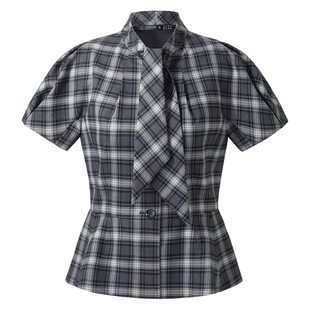 首降5折|歌莉娅格纹上衣女2025新款早秋穿搭高级小众飘带领短袖