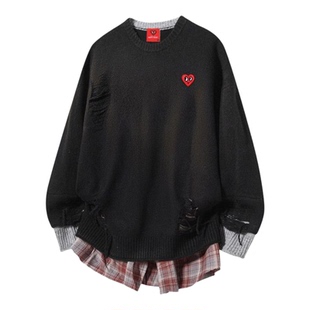 查尔斯桃心假两件复古破洞毛衣男冬季宽松休闲慵懒针织衫拼接上衣