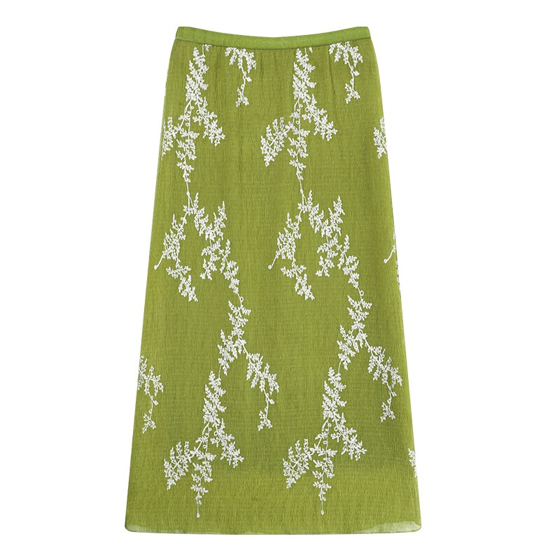 白鹿语森系刺绣高腰直筒半身裙