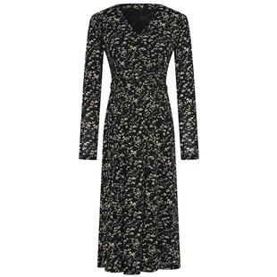 曼德诗法式复古印花V领连衣裙2025春秋新款长袖收腰浪漫茶歇长裙