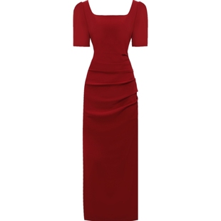 DPLAY2025秋季气质复古红色连衣裙女方领回门服礼服订婚女长裙