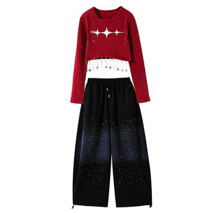 女童JAZZ舞蹈演出服儿童爵士舞套装星星装饰露脐上衣烫钻亮钻裤子