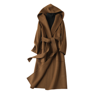 全羊毛呢外套女中长款连帽时尚宽松版2025秋冬新款双面无羊绒大衣