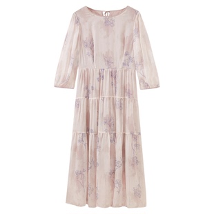 水云间粉色a字连衣裙女七分袖中长裙子夏日田园繁花意趣风2025新