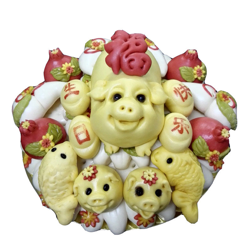 中老年大人小孩子生日宴寿桃馒头蛋糕纯手工生肖金猪呈祥花馍饽饽