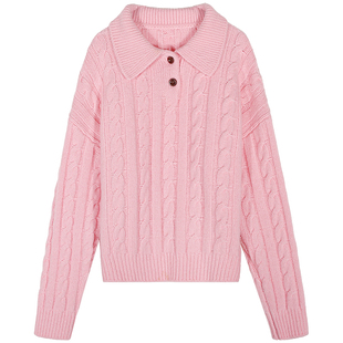 落落狷介 毛衣可外穿内搭POLO衫领毛线衣可外穿2025新款粉色麻花