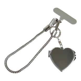 翻盖补妆镜子手机链金属背带链条高清爱心镜面吊坠斜挎可背挂链防丢手腕挂件腕带手链银色高级感网红女夹片壳