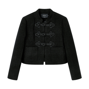黑色新中式立领盘扣短外套女MOFAN摩凡2025冬新款气质粗花呢上衣