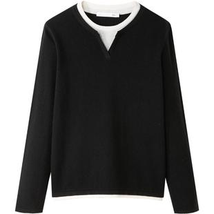 HLA/海澜之家100%绵羊毛针织衫25秋新优雅知性假两件套头毛衣女装