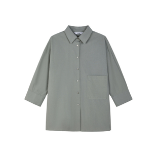 LESS春休闲通勤工装风长绒棉衬衫女时尚翻领八分袖衬衣2O5210280