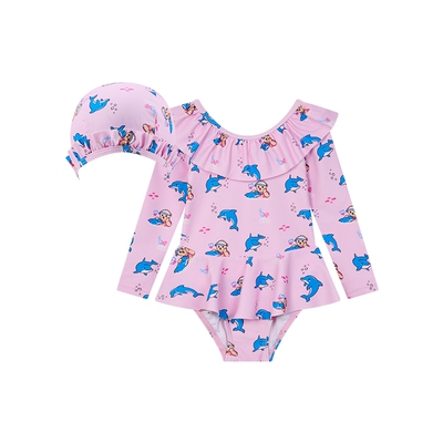 童装UPF40+防晒女童泳衣泳帽套装