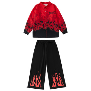 街舞儿童潮服黑红火苗男童演出服春秋套装hiphop女童酷帅表演