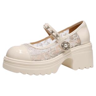 星期六粗跟玛丽珍鞋女新款夏季透气蕾丝网面配裙子厚底小皮鞋