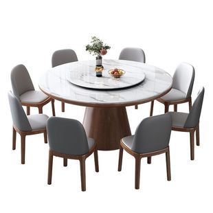 高端实木微晶石餐桌椅组合现代客厅轻奢圆桌带转盘家用大理石饭桌