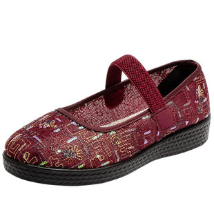 颐福元老北京布鞋女夏新品一字带透气妈妈鞋中老年凉鞋防滑网鞋