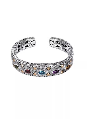 S925银手镯重工艺雕花鎏金橄榄石