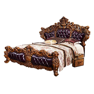 欧式真皮大床美式别墅复古奢华主卧实木雕花婚床公主双人床可储物