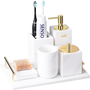 ins卫浴洗漱套装轻奢天然大理石样板间浴室刷牙杯托盘洗手液瓶金