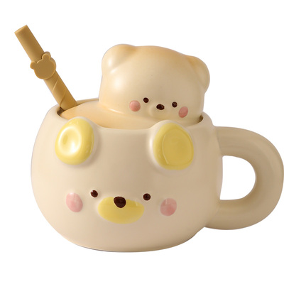 超可爱小熊吸管杯带盖勺情侣水杯