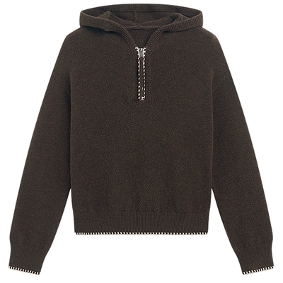 KBNE学院风螺纹长袖连帽毛衣外套女2025冬季新款休闲毛针织衫上衣