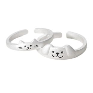 猫蛰S999足银原创天生一对猫咪狗纯银情侣对戒指环男女情人节礼物