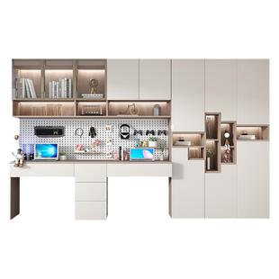 简约现代双人书桌书架一体组合多功能学习桌一门到顶书柜整墙定制