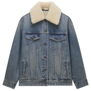 【季末折扣】欧时力可拆卸毛绒翻领棉服牛仔外套休闲2025秋冬新品