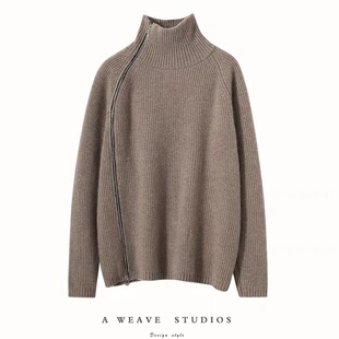 大表姐同款高翻领双拉链羊绒衫女气质慵懒纯羊毛宽松针织打底衫潮