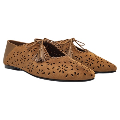 MESSRSDING棕色花朵流苏玛丽珍鞋