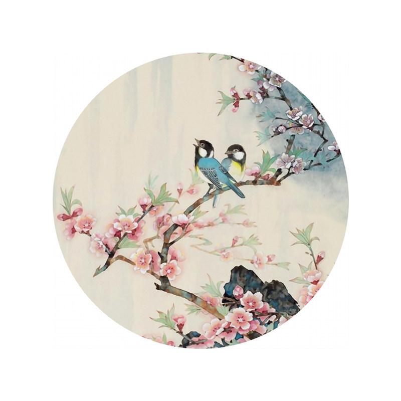新中式玄关3d手绘花鸟圆形装饰画画芯图库背景墙壁纸墙纸壁画国画