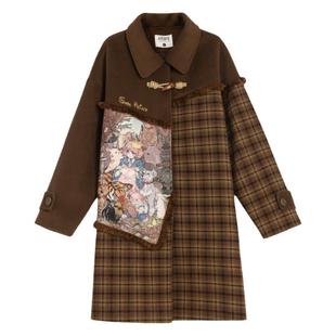 森女部落原创油画风拼接美拉德风毛呢外套格子大衣宽松2026年新款