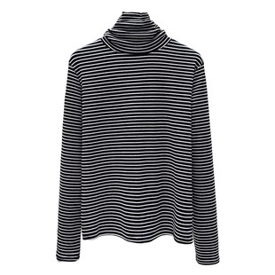 纯棉复古条纹高领打底衫女秋冬洋气内搭长袖宽松加厚堆堆领上衣服