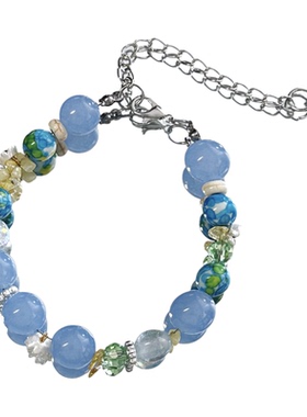 【蓝海碎浪】MIES原创海蓝宝石女水晶串珠手链精致艺术风转运手饰