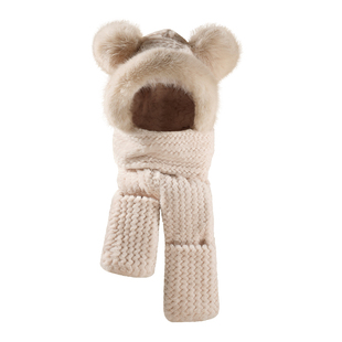 小熊帽子秋冬季百搭女可爱毛绒围巾手套连帽保暖围脖一体三件套厚