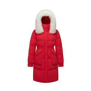 波司登2025新款女过膝长款时尚加厚连帽大毛领新娘结婚红色羽绒服