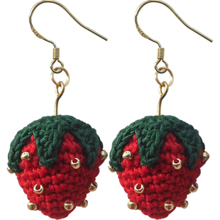 原创设计微钩织蕾丝线小草莓耳环银钩防过敏气质可爱简约百搭耳夹