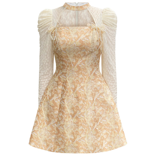 茬客法式气质风连衣裙早秋新款蝴蝶结装饰收腰长袖宫廷风短裙