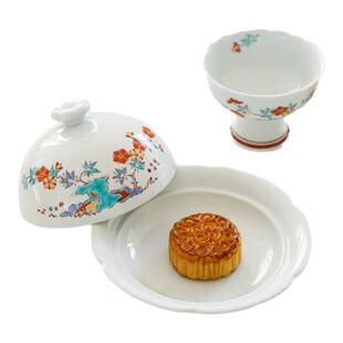 小鹿田烧日本进口锦彩草花带盖盘日式餐盘家用鱼虾盘菜盘陶瓷餐具