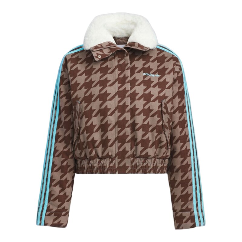 Adidas阿迪达斯女子冬季款短款复古千鸟格毛绒翻领运动棉服KA9732