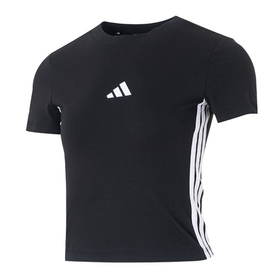 阿迪达斯黑色修身T恤女装2026新款短款运动服圆领短袖半袖JC8325