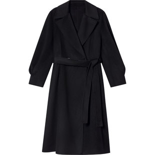 LK BENNETT黑色绵羊毛羊绒大衣冬季通勤时尚纯色翻领腰带毛呢外套