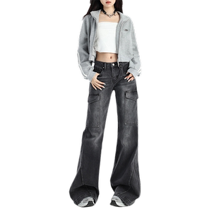 worxurnn/无须美式辣妹中腰微喇黑色工装牛仔裤女设计口袋显瘦