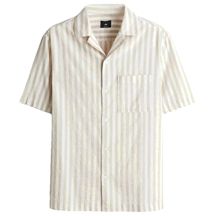 HM男装古巴领衬衫春季潮流宽松亚麻混纺短袖衬衣1256946