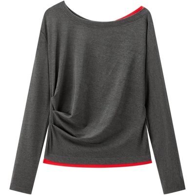 【商场同款】太平鸟冬季新款撞色腰部捏褶修身长袖T恤女A1CPF4719