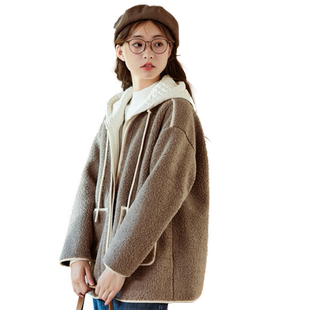 紫涵假两件仿羊羔毛棉服外套女冬季新款毛绒短款宽松撞色连帽棉衣