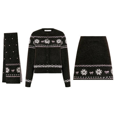 费尔岛针织毛衣开衫半裙围巾套装