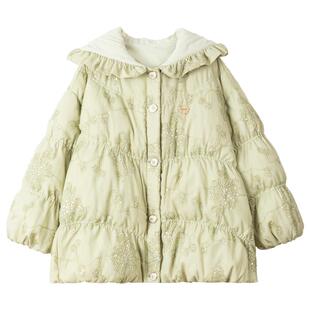 KEIKO 重工刺绣花纱叠拼泡芙形棉服女冬季设计感绿色加厚连帽外套