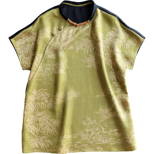 云澍原创 花罗香云纱拼接素绉缎新中式小立领国风短袖T恤上衣女夏